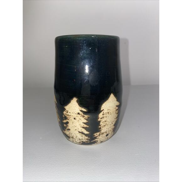 Studio Art Pottery Hand Thrown Glazed Vase/ Pen Holder Black With Trees - Picture 4 of 7